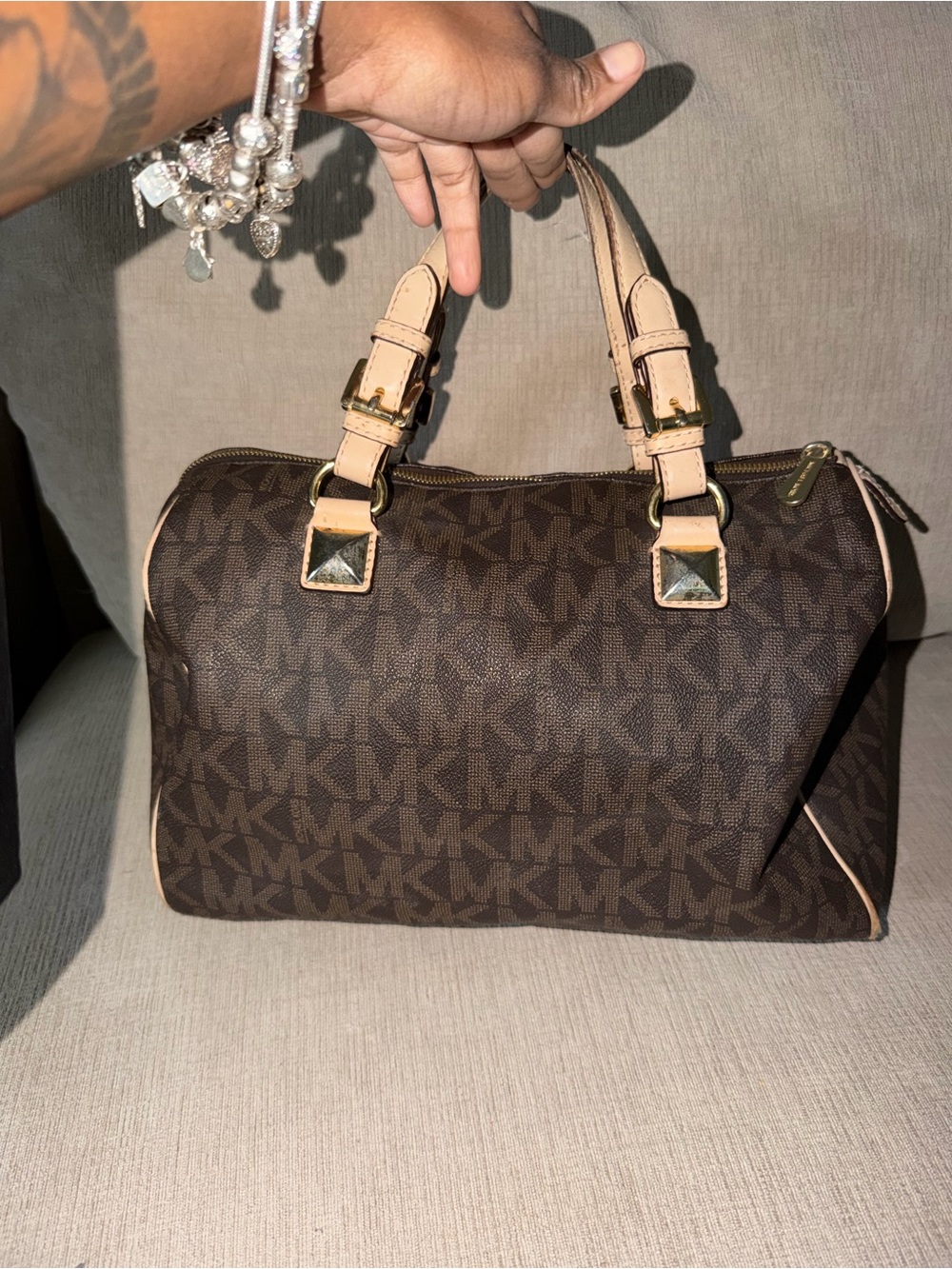 Michael Kors Dark Brown Signature Satchel with Light Tan Trim